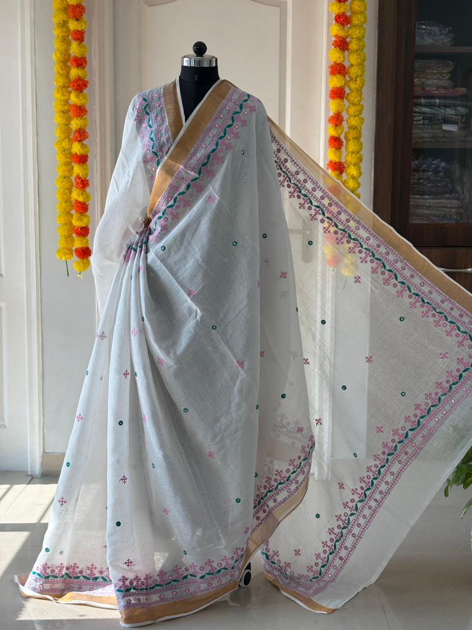 Gujrati Stitch/Kutch Hand Embroidered South Cotton Saree