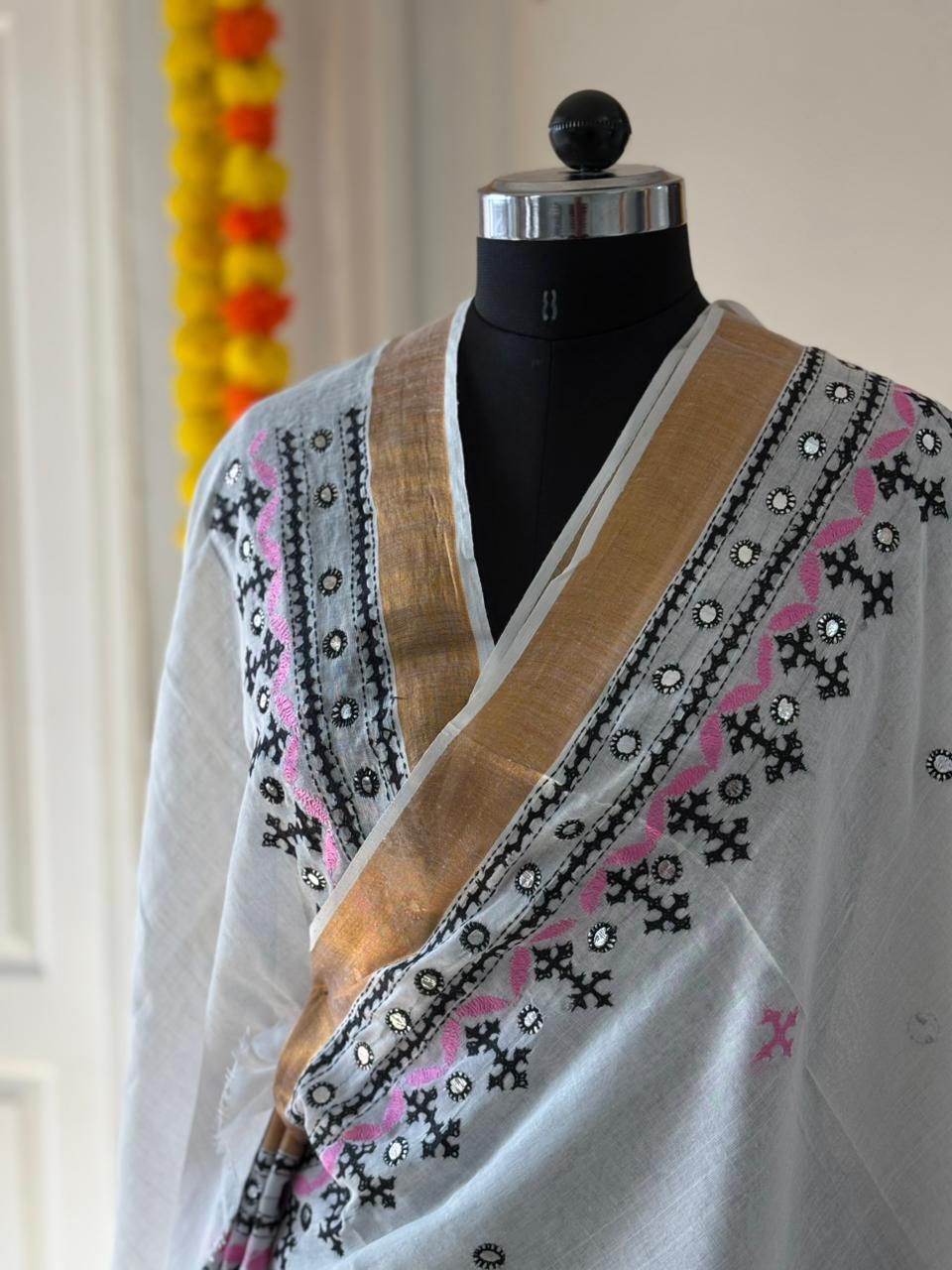 Gujrati Stitch/Kutch Hand Embroidered South Cotton Saree