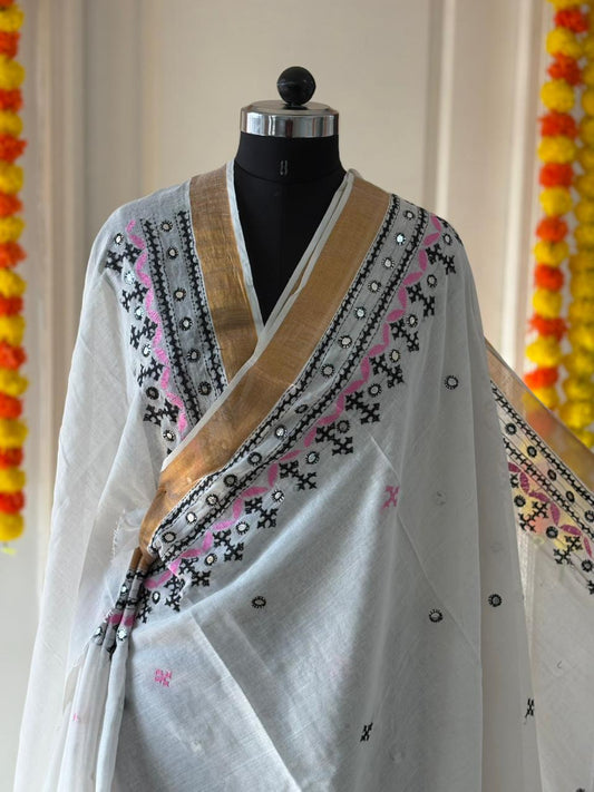 Gujrati Stitch/Kutch Hand Embroidered South Cotton Saree