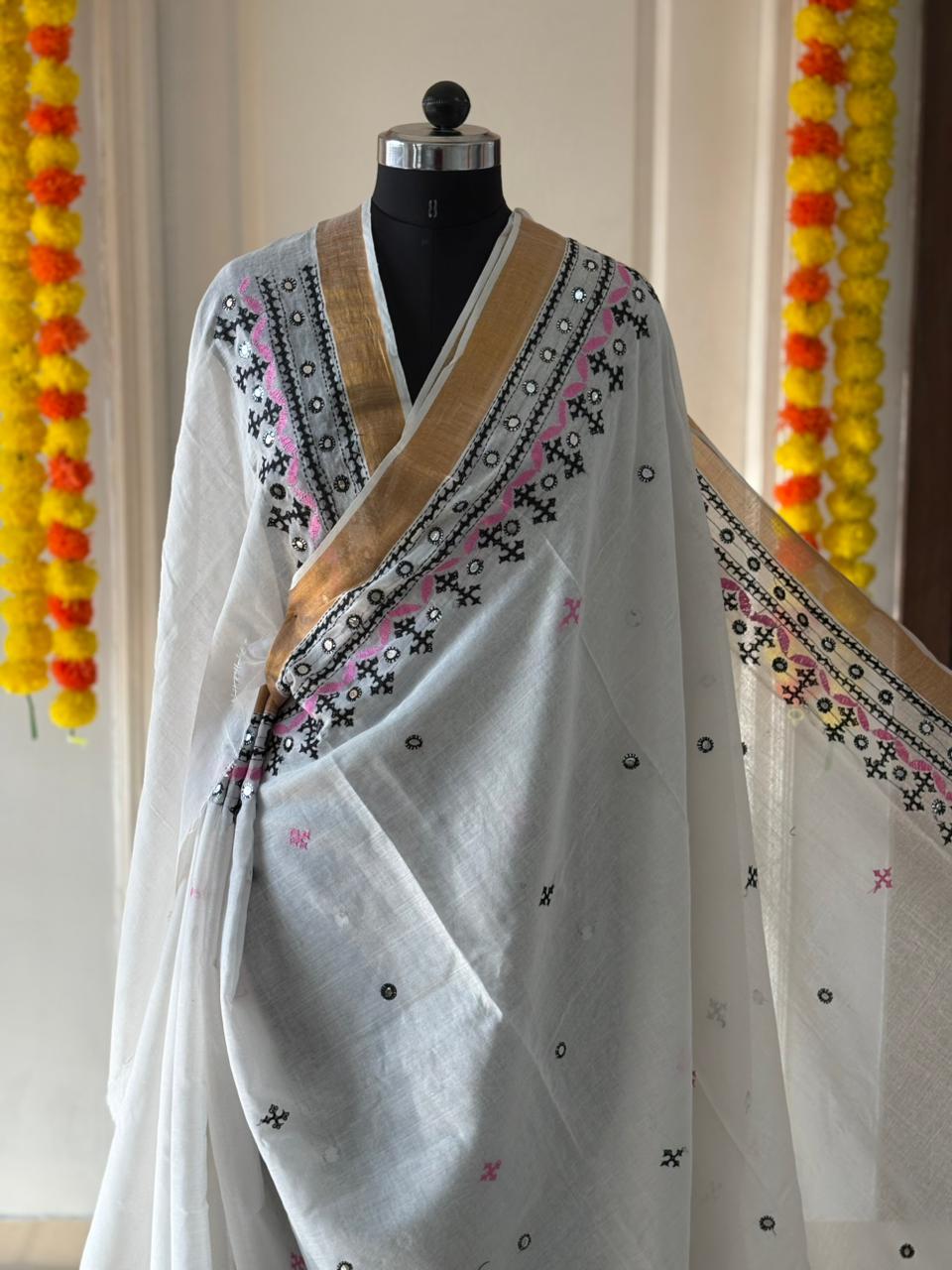 Gujrati Stitch/Kutch Hand Embroidered South Cotton Saree