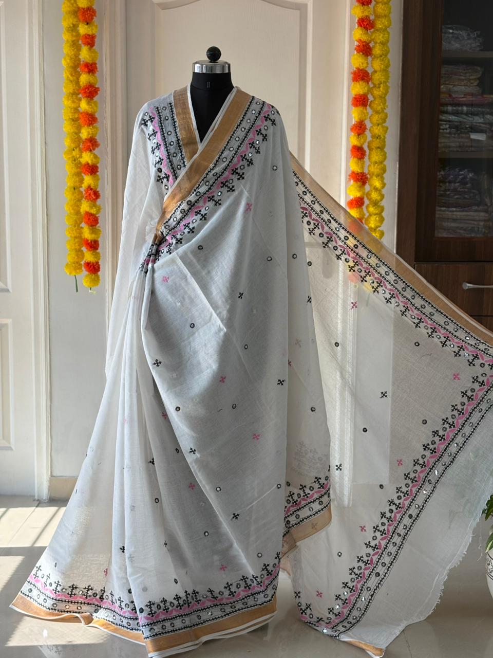 Gujrati Stitch/Kutch Hand Embroidered South Cotton Saree