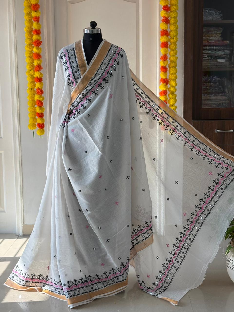 Gujrati Stitch/Kutch Hand Embroidered South Cotton Saree