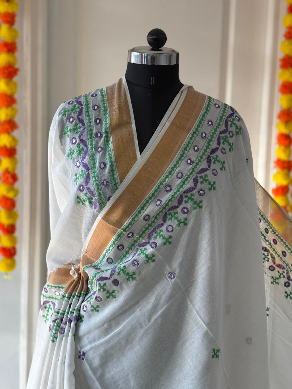 Gujrati Stitch/Kutch Hand Embroidered South Cotton Saree