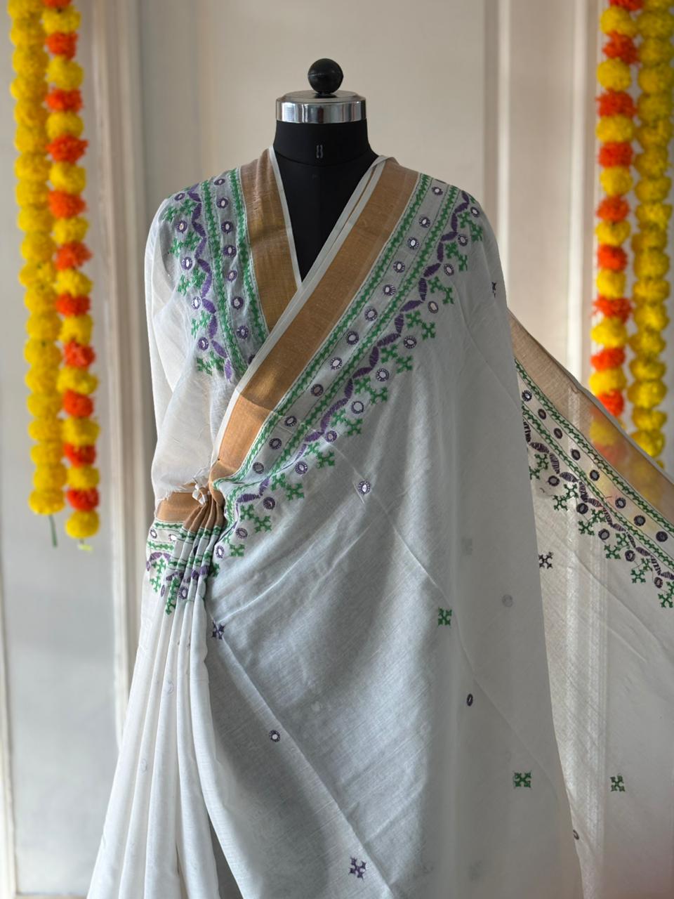Gujrati Stitch/Kutch Hand Embroidered South Cotton Saree