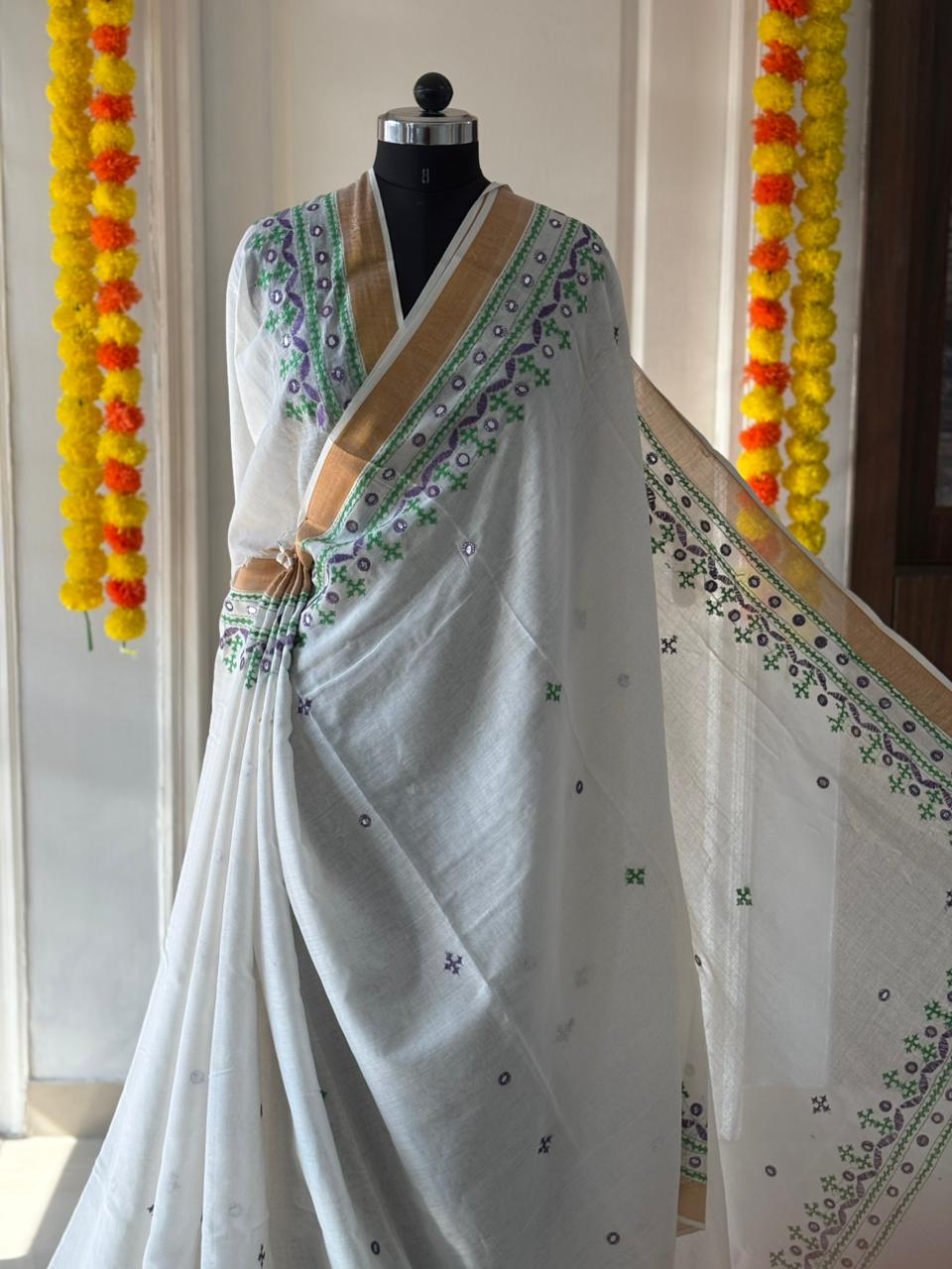 Gujrati Stitch/Kutch Hand Embroidered South Cotton Saree