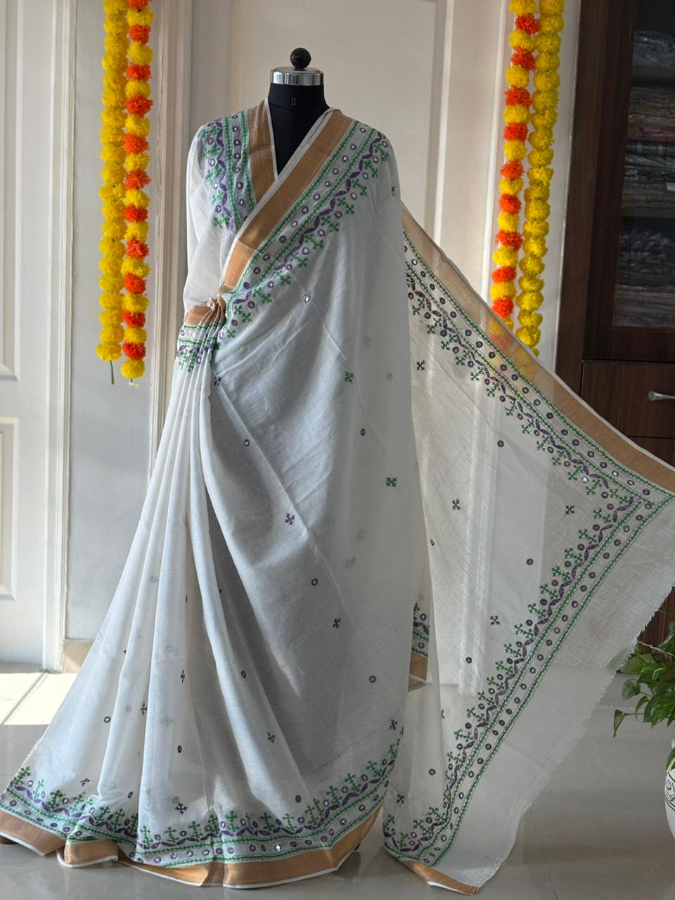 Gujrati Stitch/Kutch Hand Embroidered South Cotton Saree