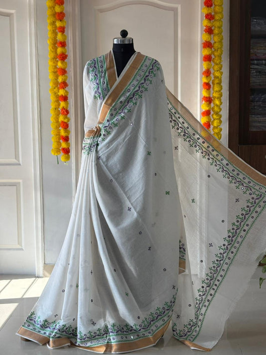 Gujrati Stitch/Kutch Hand Embroidered South Cotton Saree
