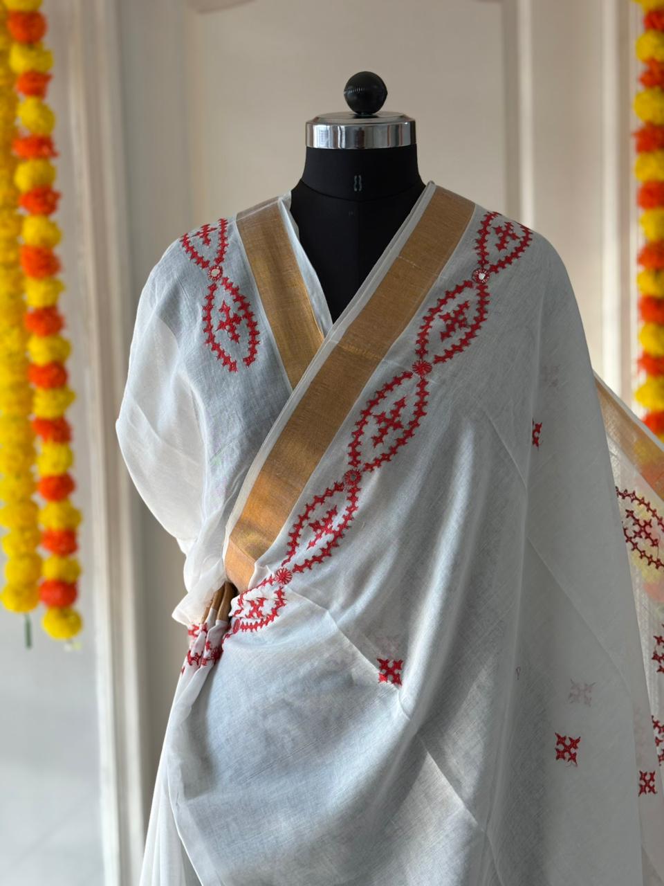 Gujrati Stitch/Kutch Hand Embroidered South Cotton Saree