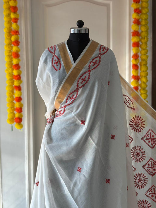 Gujrati Stitch/Kutch Hand Embroidered South Cotton Saree