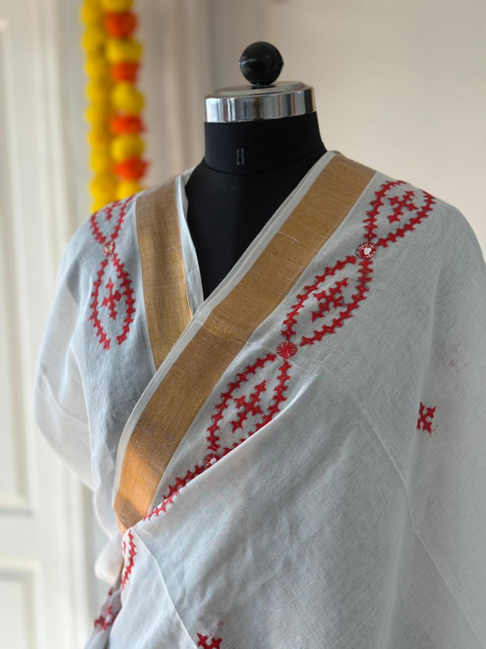 Gujrati Stitch/Kutch Hand Embroidered South Cotton Saree