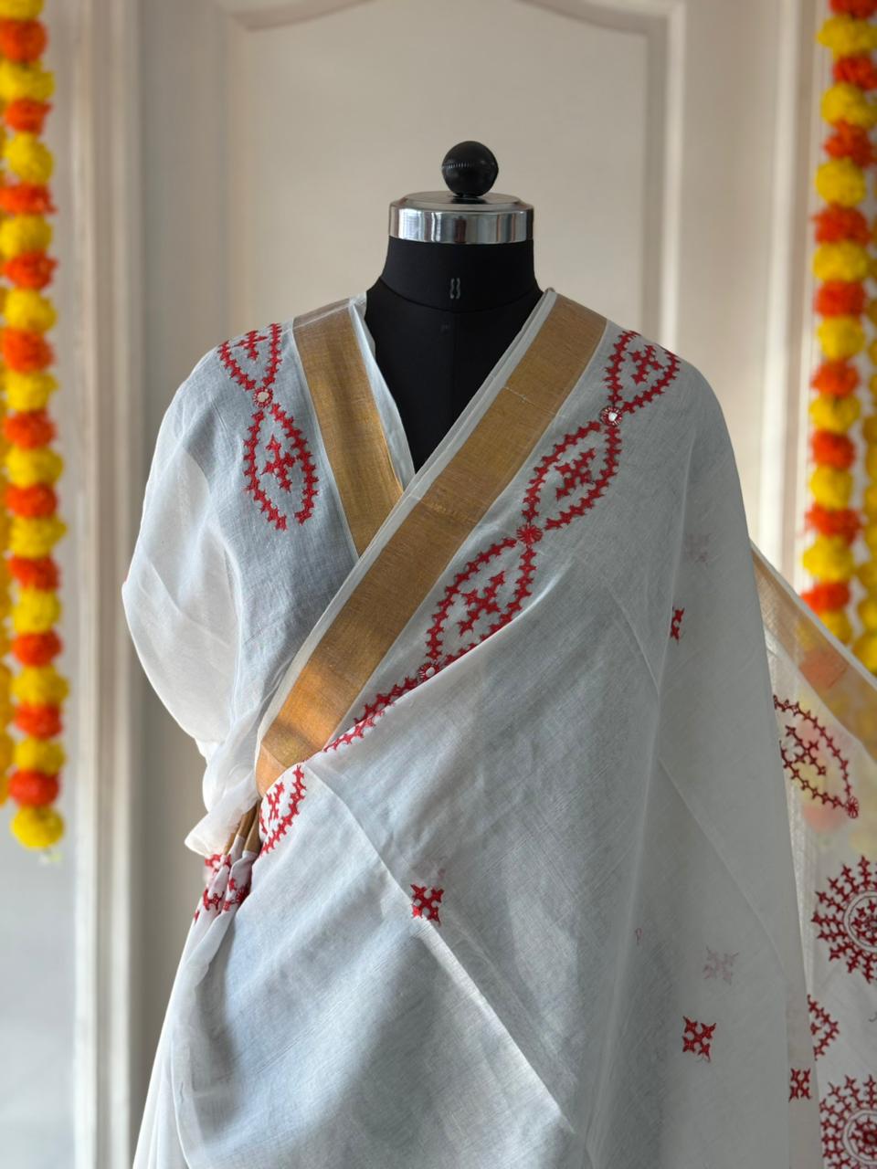 Gujrati Stitch/Kutch Hand Embroidered South Cotton Saree