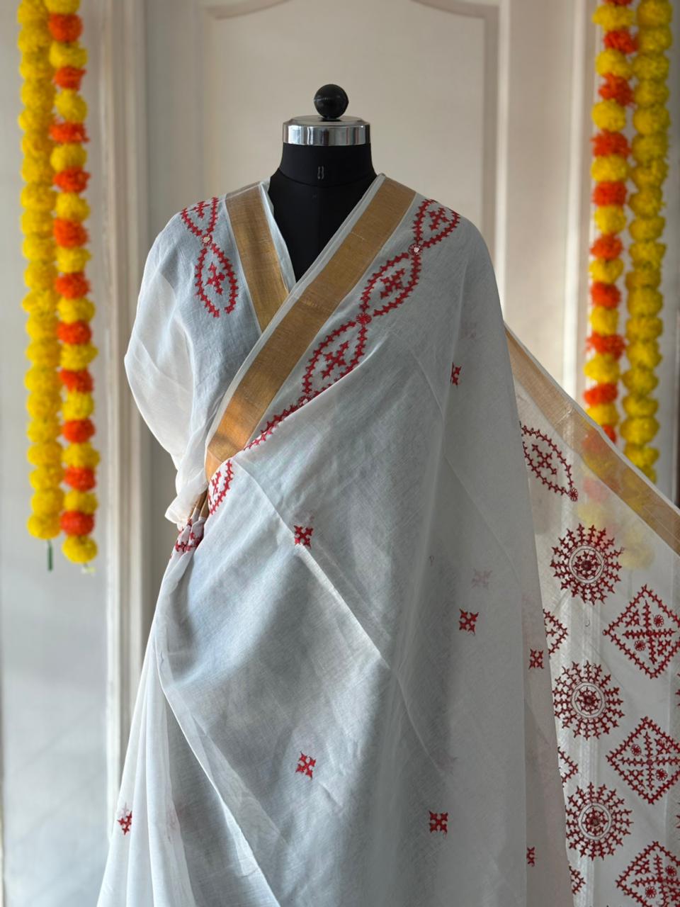Gujrati Stitch/Kutch Hand Embroidered South Cotton Saree