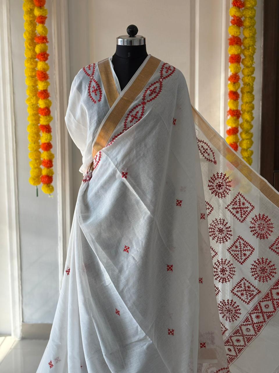 Gujrati Stitch/Kutch Hand Embroidered South Cotton Saree