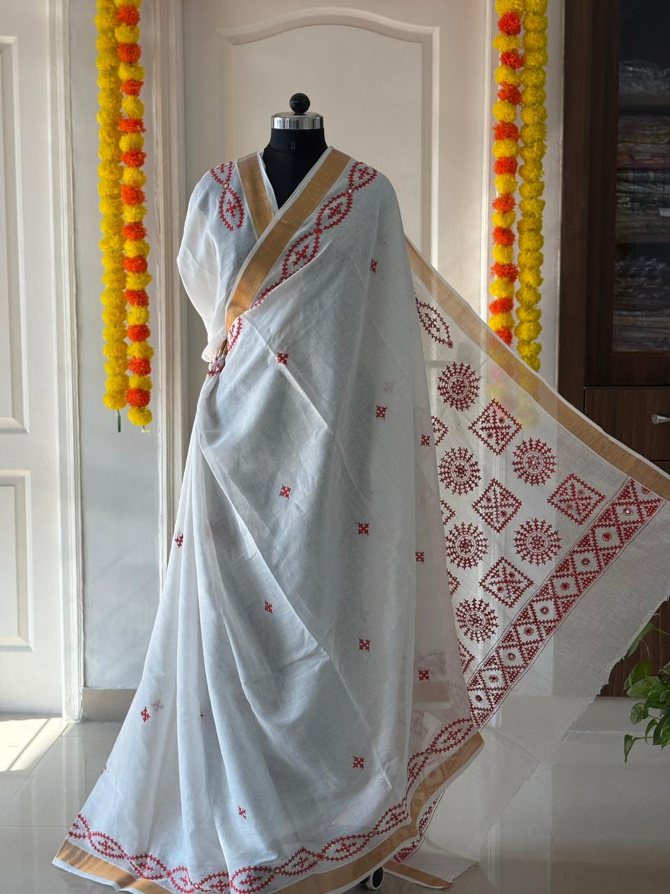Gujrati Stitch/Kutch Hand Embroidered South Cotton Saree