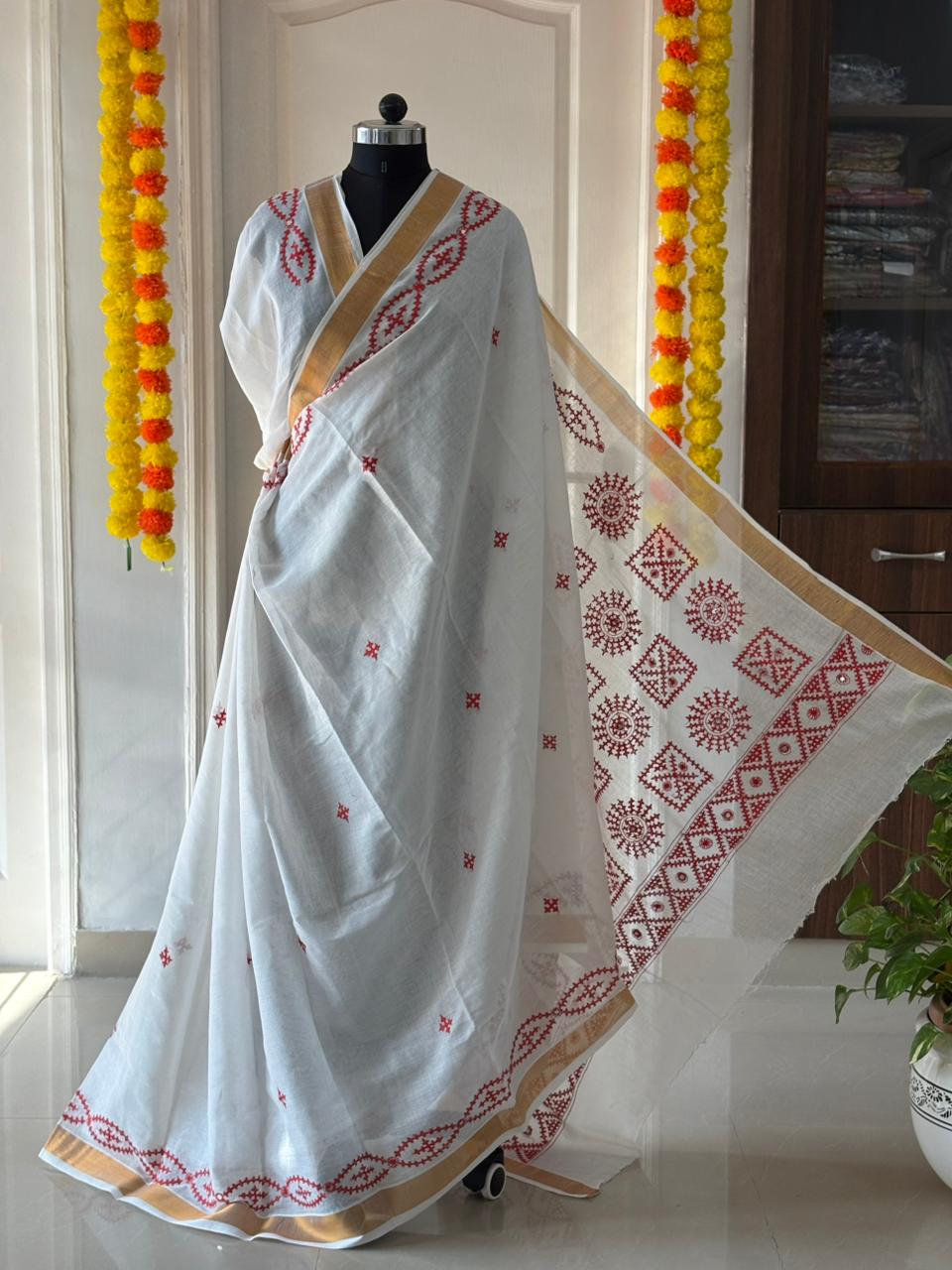 Gujrati Stitch/Kutch Hand Embroidered South Cotton Saree