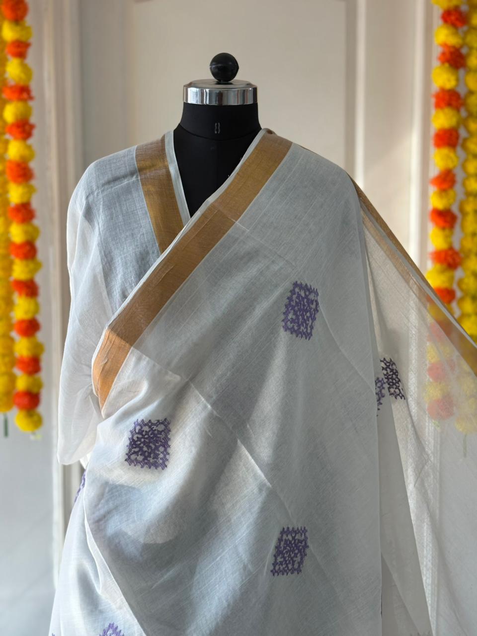 Gujrati Stitch/Kutch Hand Embroidered South Cotton Saree