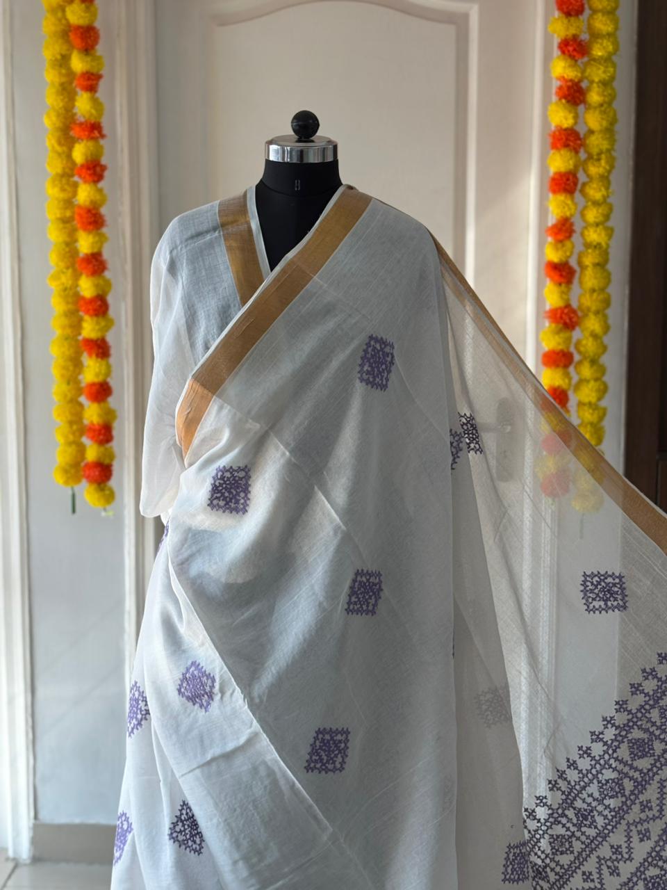 Gujrati Stitch/Kutch Hand Embroidered South Cotton Saree