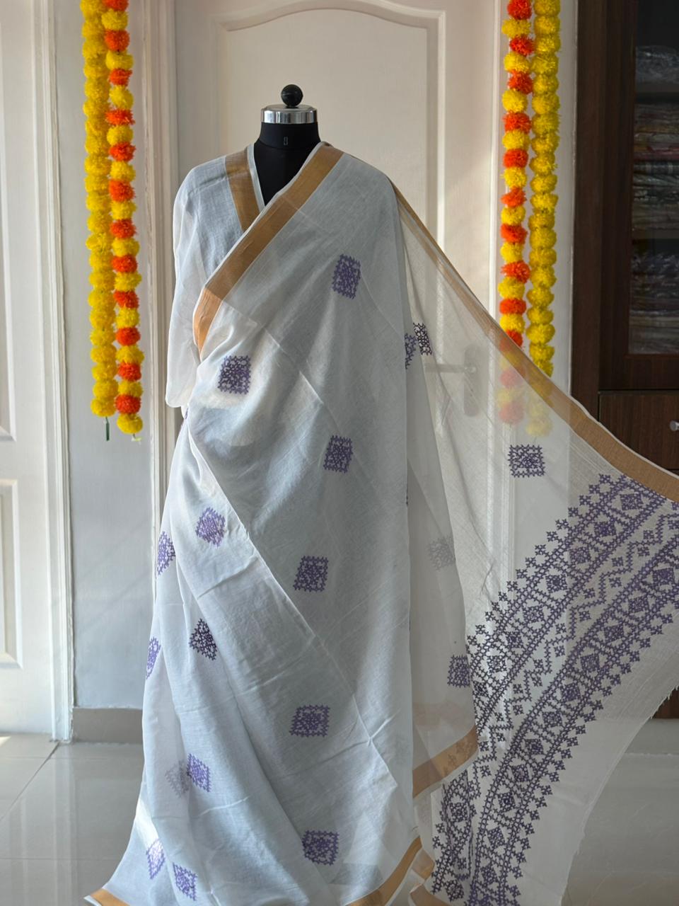 Gujrati Stitch/Kutch Hand Embroidered South Cotton Saree