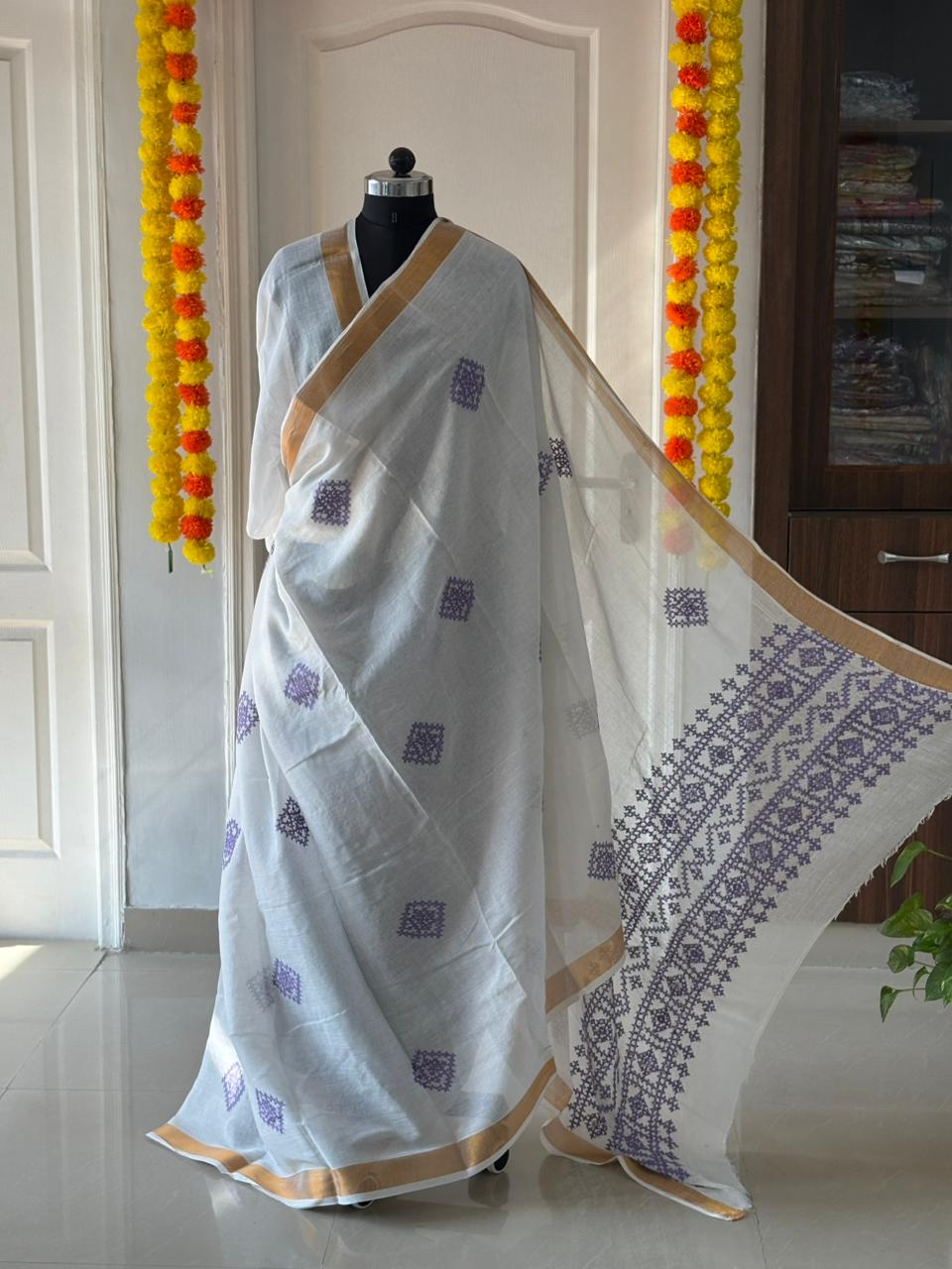 Gujrati Stitch/Kutch Hand Embroidered South Cotton Saree