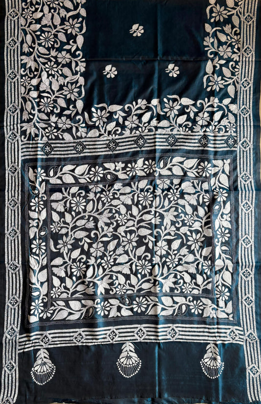 Kantha Hand Embroidered Blended Banglore Silk/Art Silk Saree With Blouse