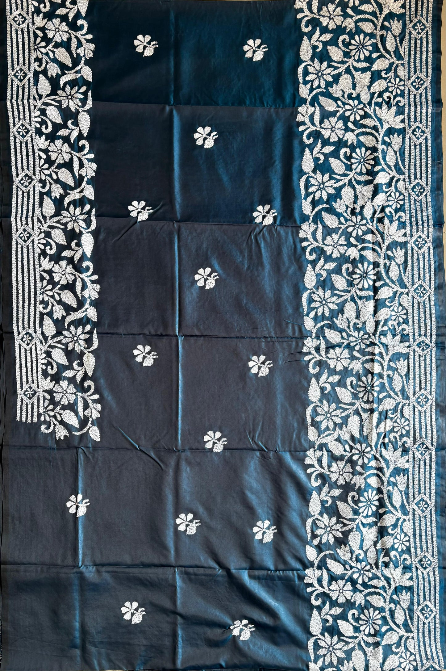 Kantha Hand Embroidered Blended Banglore Silk/Art Silk Saree With Blouse