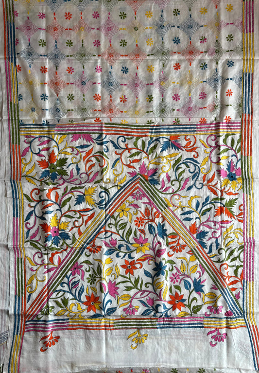 Kantha Hand Embroidered Blended Banglore Silk/Art Silk Saree With Blouse