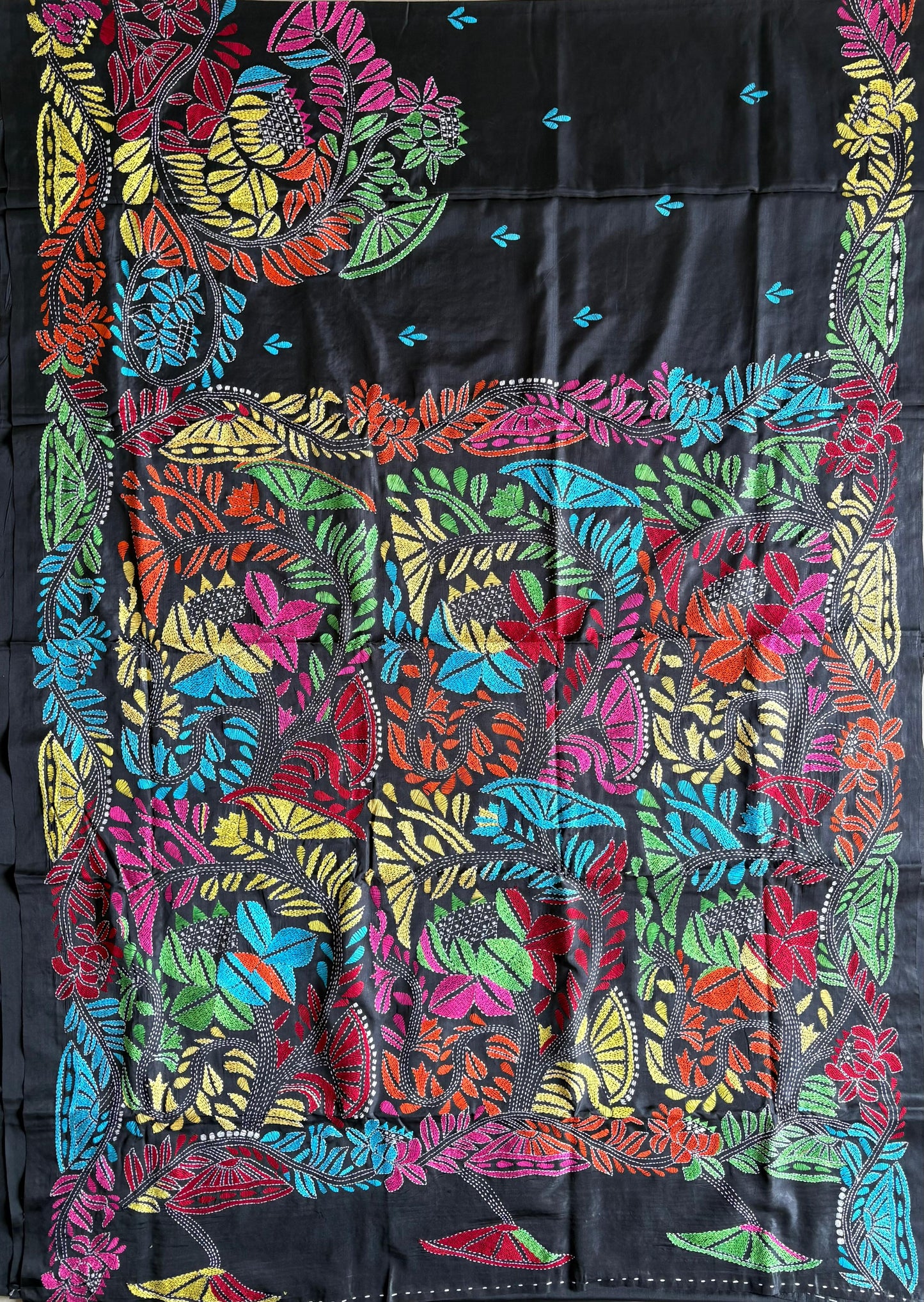 Kantha Hand Embroidered Blended Banglore Silk/Art Silk Saree With Blouse