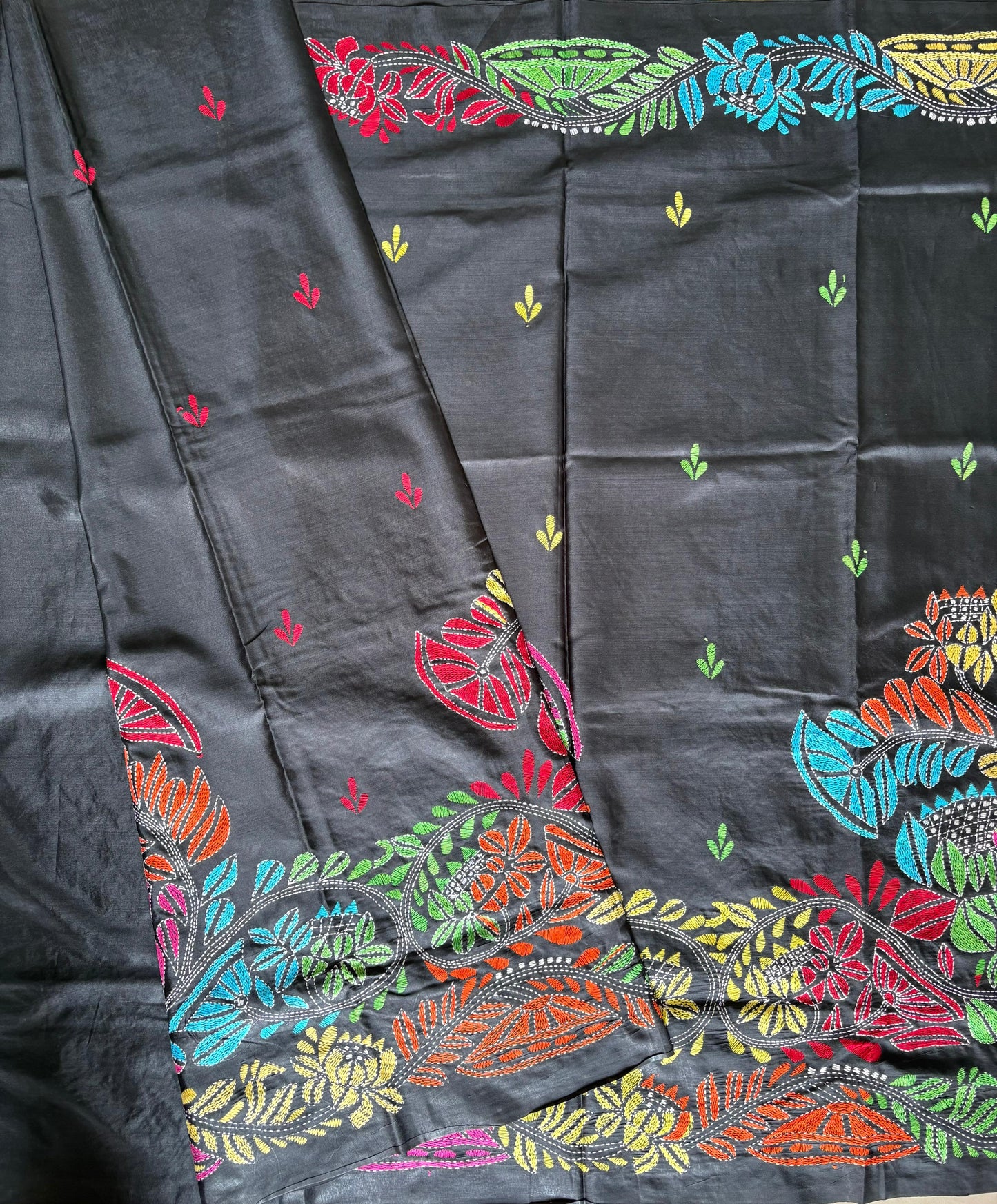 Kantha Hand Embroidered Blended Banglore Silk/Art Silk Saree With Blouse