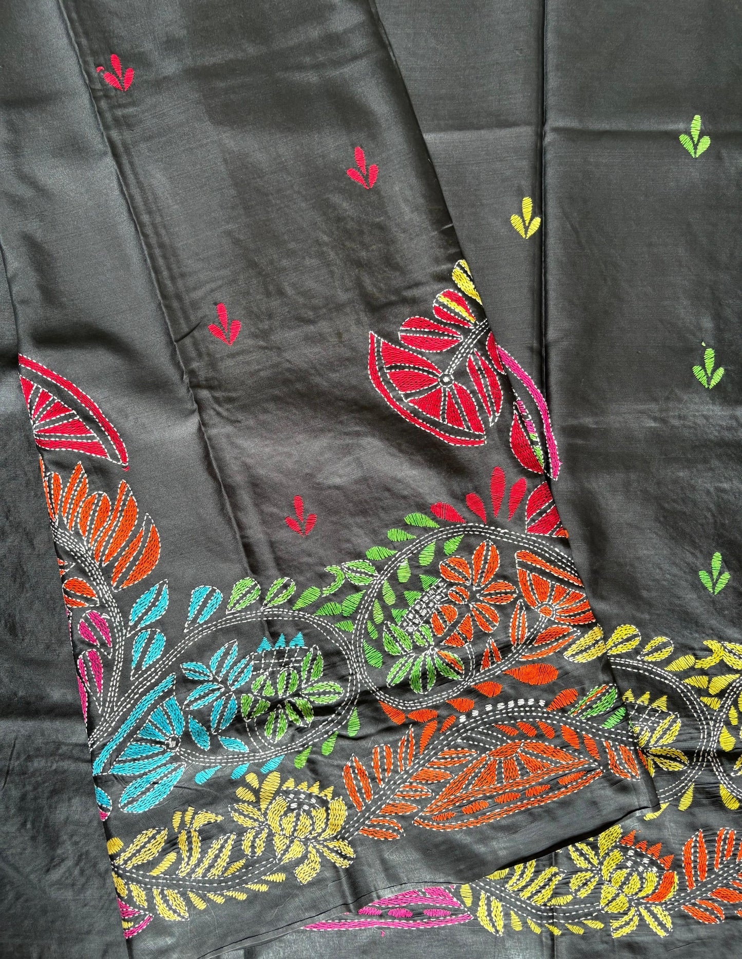 Kantha Hand Embroidered Blended Banglore Silk/Art Silk Saree With Blouse