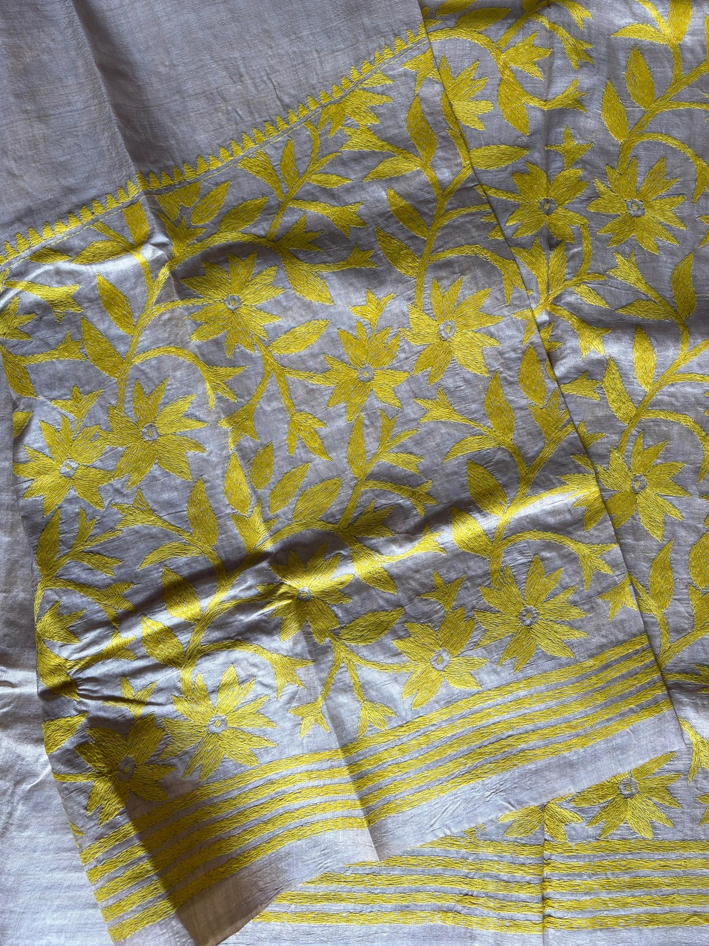 Kantha Stitch Hand Embroidered Pure Gachi by Gachi Tussar Silk Saree (Silk Marked)