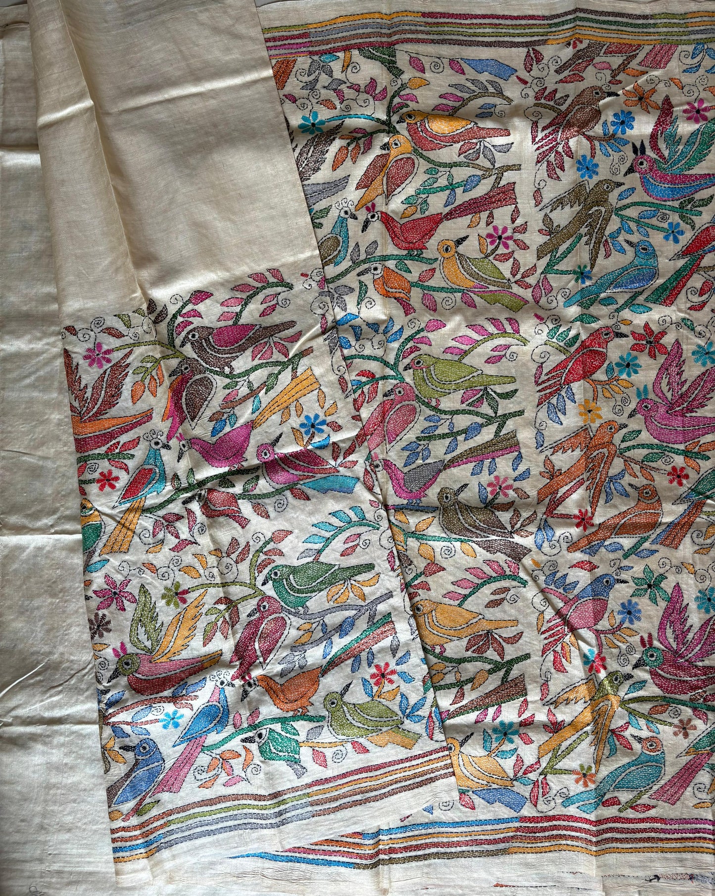 Kantha Stitch Hand Embroidered Pure Gachi by Gachi Tussar Silk Saree (Silk Marked)