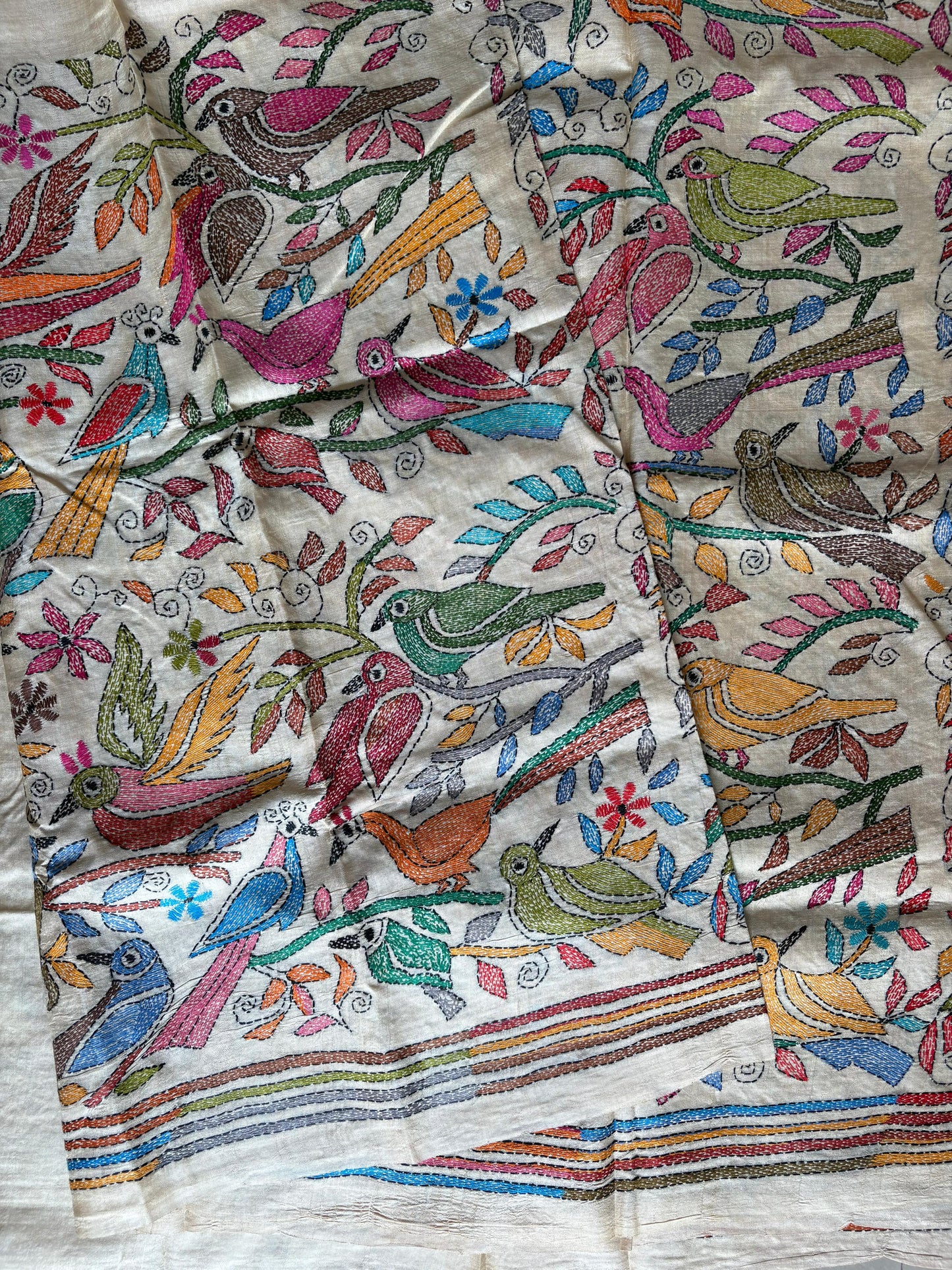 Kantha Stitch Hand Embroidered Pure Gachi by Gachi Tussar Silk Saree (Silk Marked)