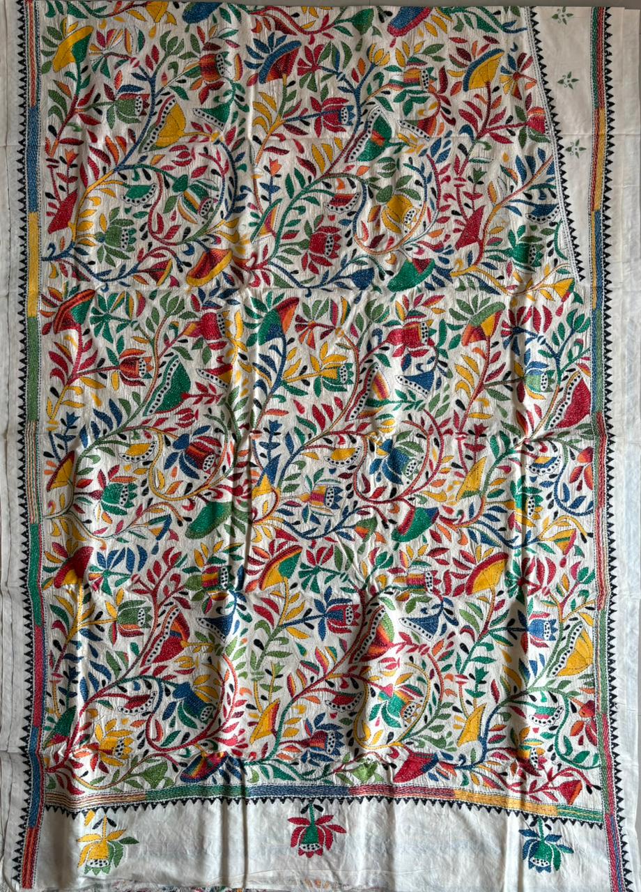 Kantha Stitch Hand Embroidered Pure Gachi by Gachi Tussar Silk Saree (Silk Marked)