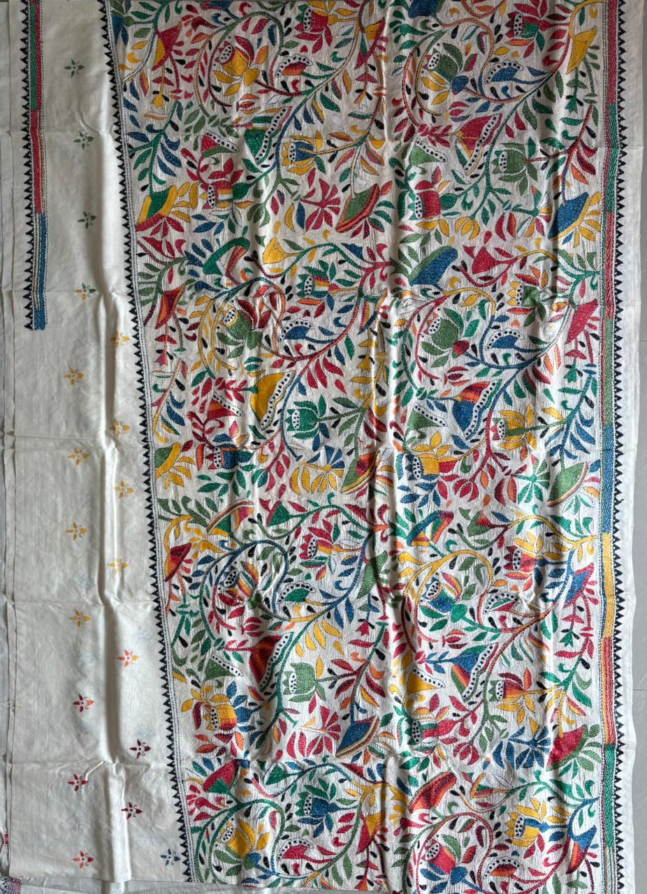 Kantha Stitch Hand Embroidered Pure Gachi by Gachi Tussar Silk Saree (Silk Marked)