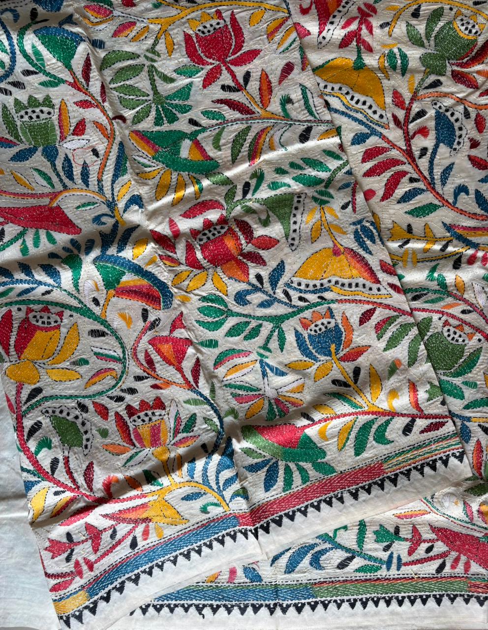 Kantha Stitch Hand Embroidered Pure Gachi by Gachi Tussar Silk Saree (Silk Marked)