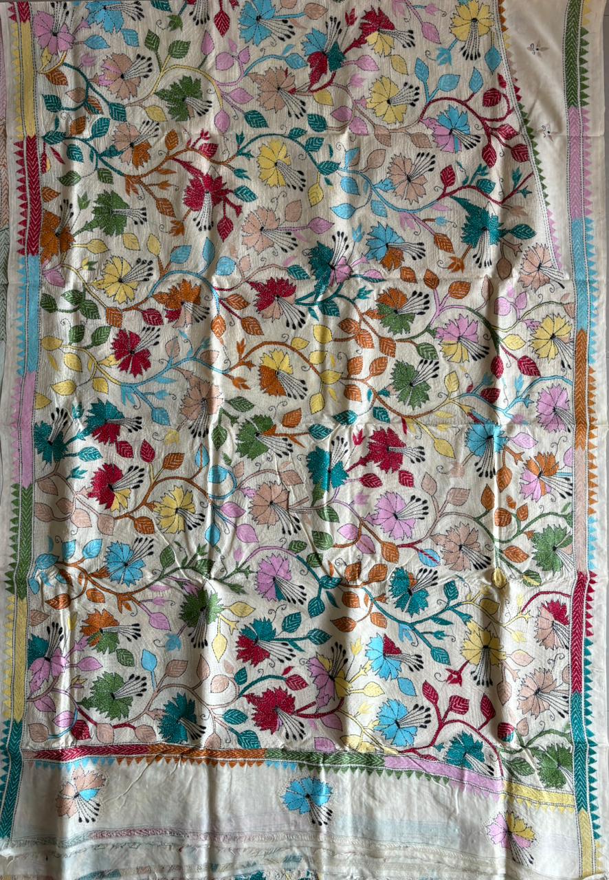 Kantha Stitch Hand Embroidered Pure Gachi by Gachi Tussar Silk Saree (Silk Marked)