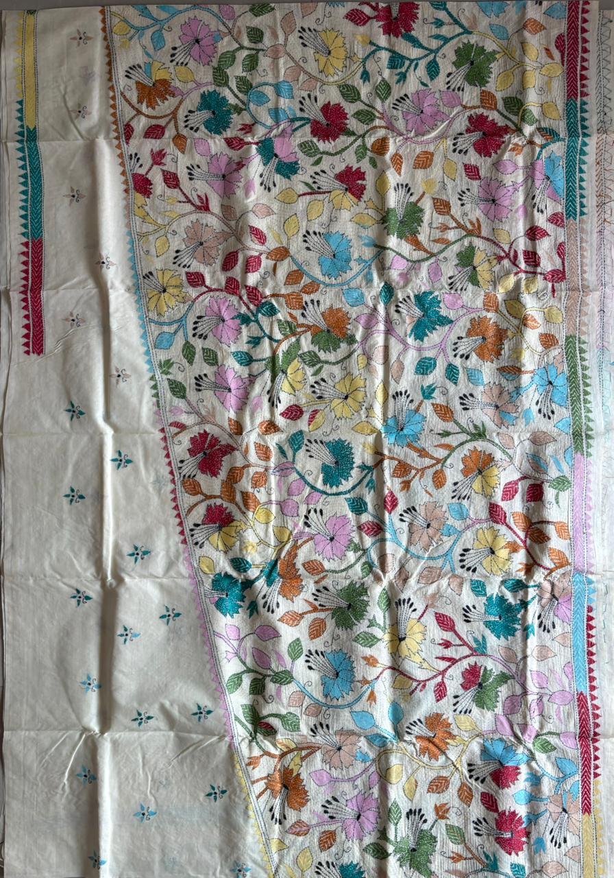 Kantha Stitch Hand Embroidered Pure Gachi by Gachi Tussar Silk Saree (Silk Marked)