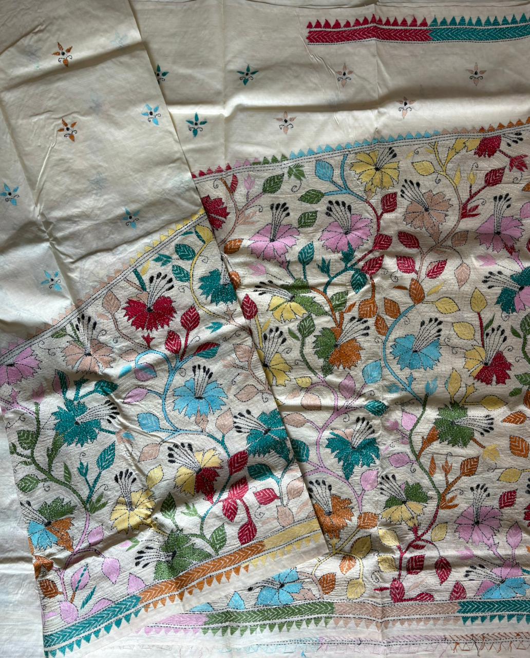 Kantha Stitch Hand Embroidered Pure Gachi by Gachi Tussar Silk Saree (Silk Marked)