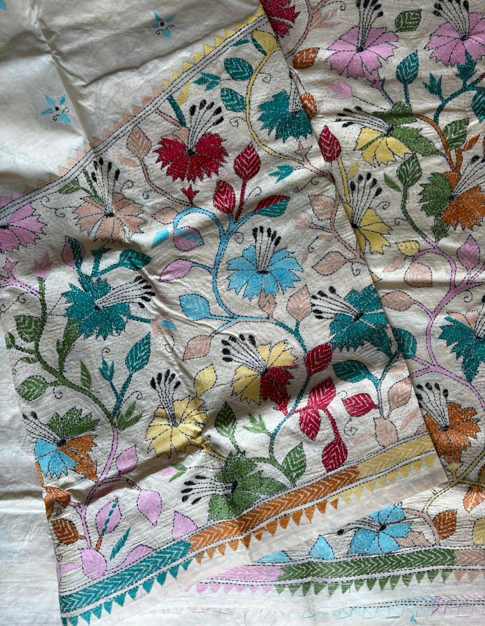 Kantha Stitch Hand Embroidered Pure Gachi by Gachi Tussar Silk Saree (Silk Marked)