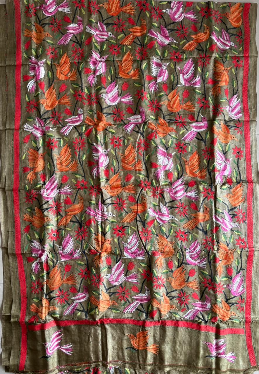 Kantha Stitch Hand Embroidered Pure Gachi by Gachi Tussar Silk Saree (Silk Marked)