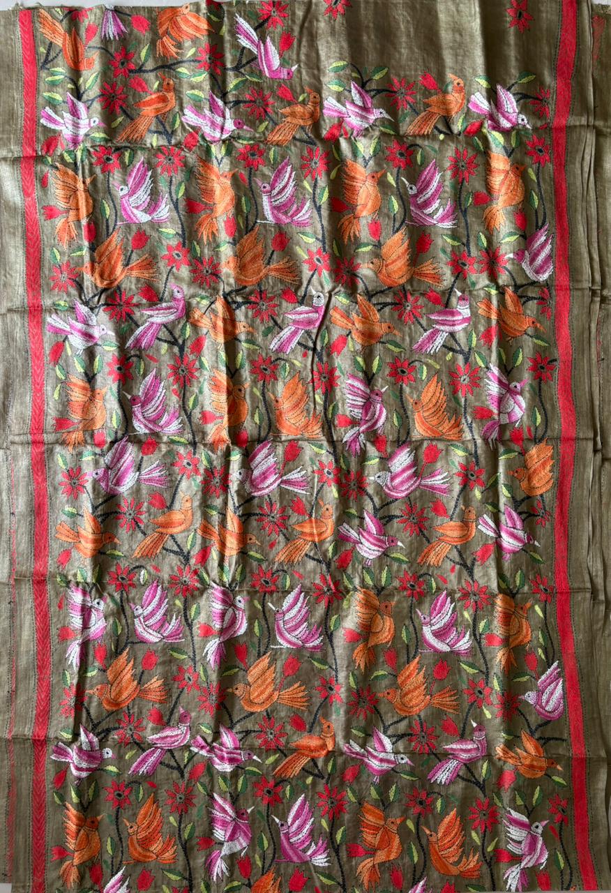 Kantha Stitch Hand Embroidered Pure Gachi by Gachi Tussar Silk Saree (Silk Marked)