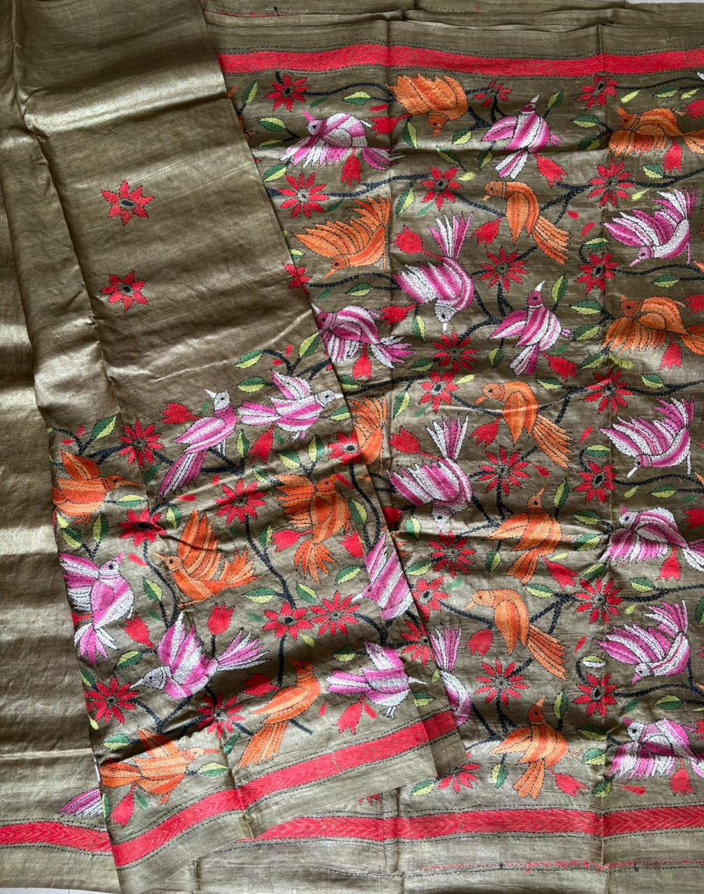 Kantha Stitch Hand Embroidered Pure Gachi by Gachi Tussar Silk Saree (Silk Marked)