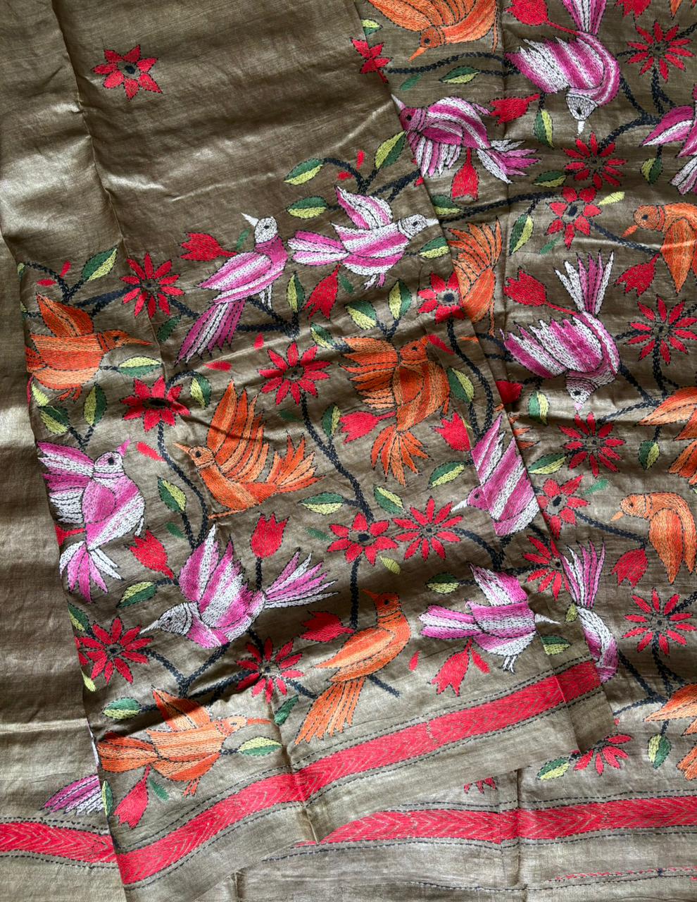 Kantha Stitch Hand Embroidered Pure Gachi by Gachi Tussar Silk Saree (Silk Marked)