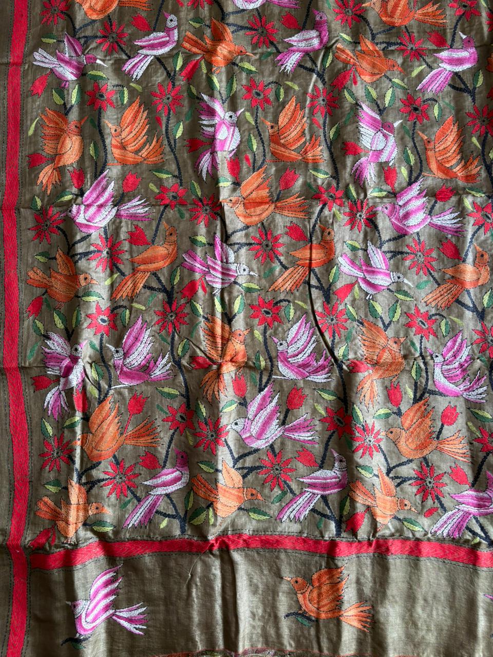 Kantha Stitch Hand Embroidered Pure Gachi by Gachi Tussar Silk Saree (Silk Marked)