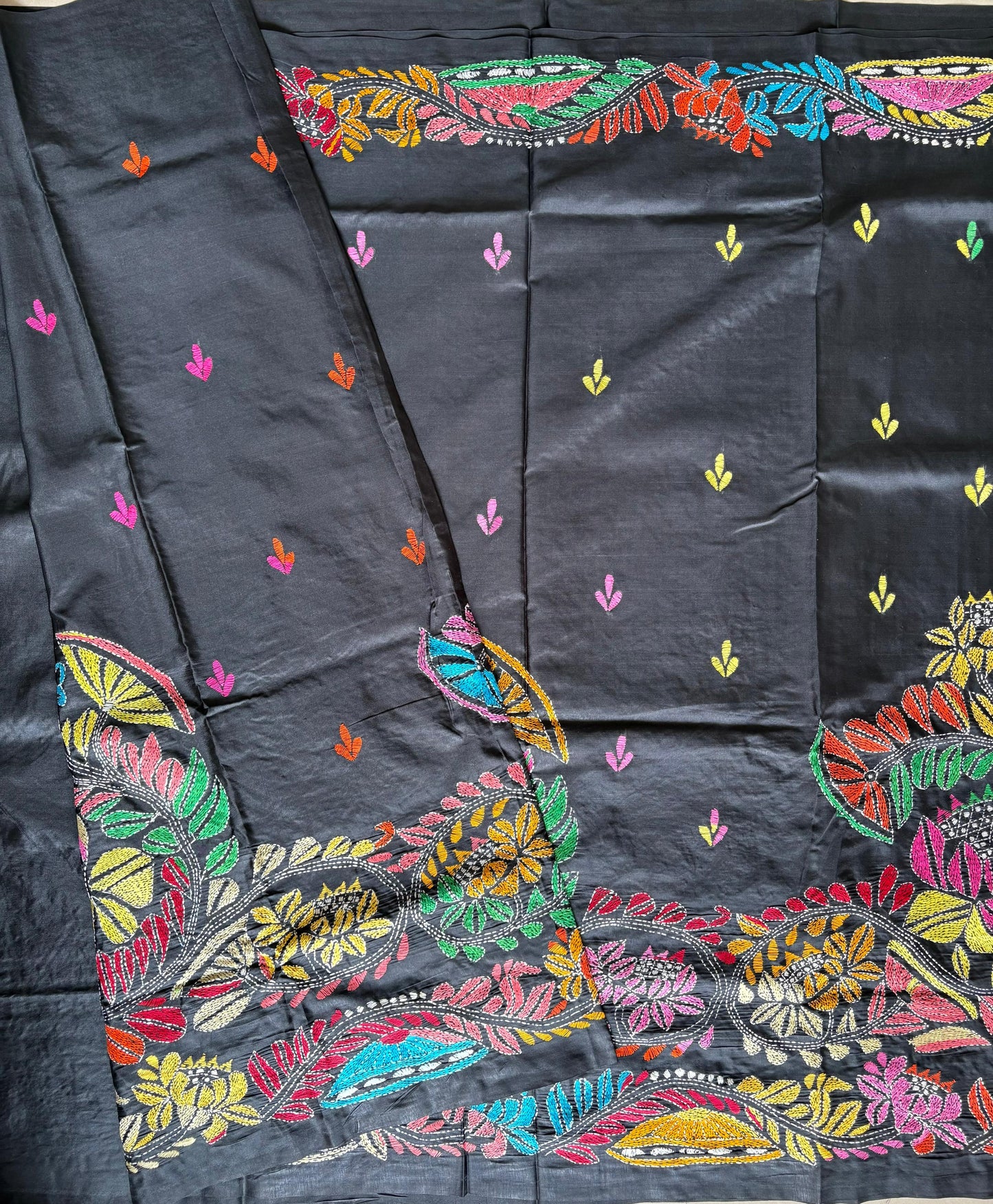 Kantha Hand Embroidered Blended Banglore Silk/Art Silk Saree With Blouse