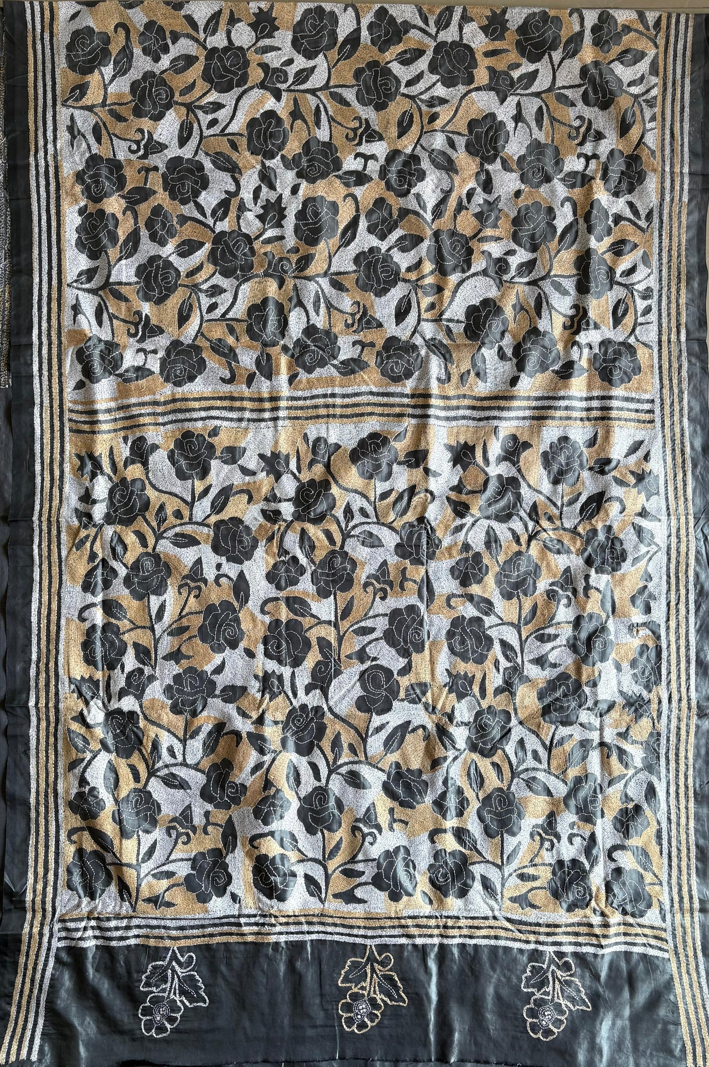 Reverse Kantha Stitch Hand Embroidered Art Silk Saree With Blouse