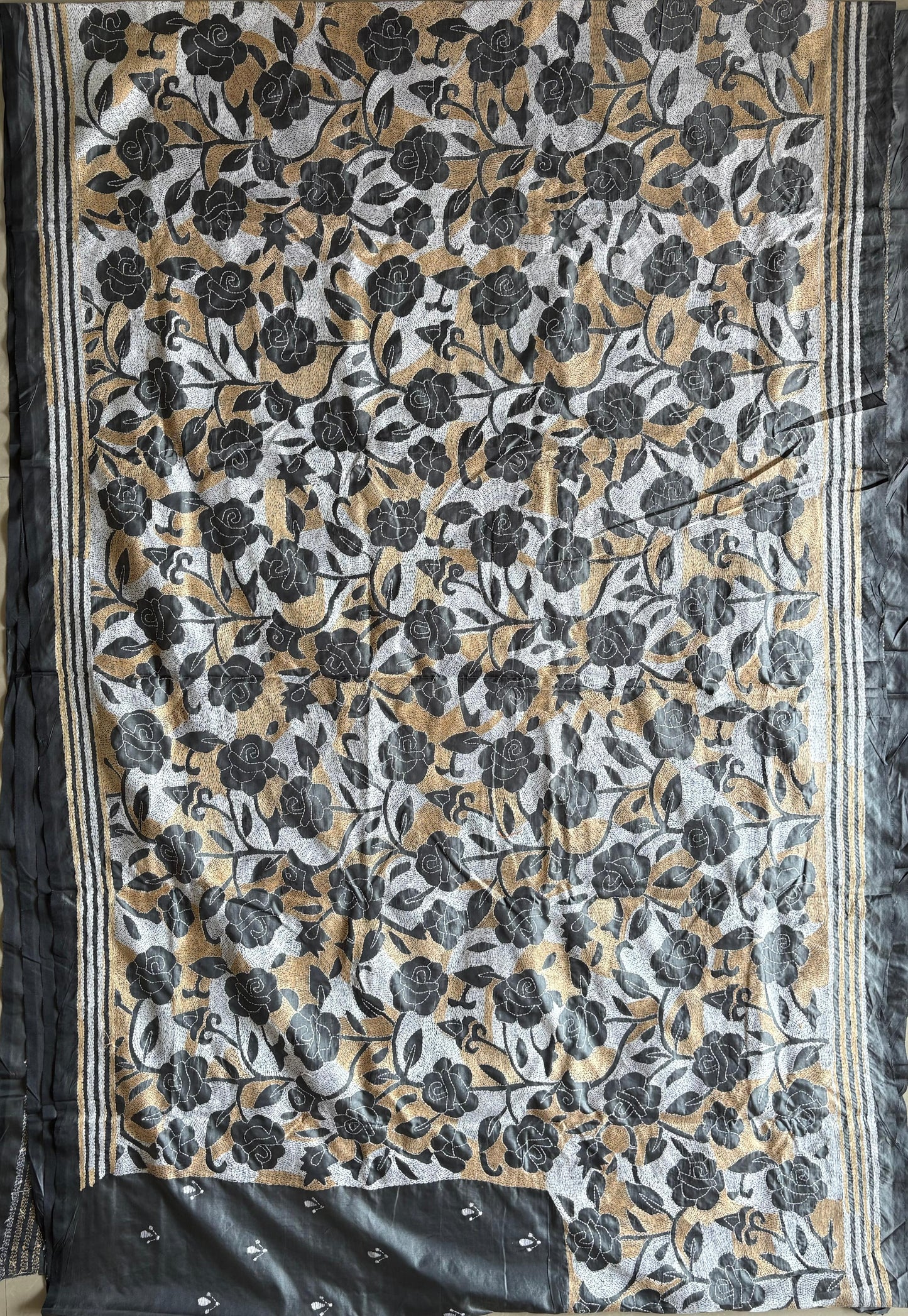 Reverse Kantha Stitch Hand Embroidered Art Silk Saree With Blouse