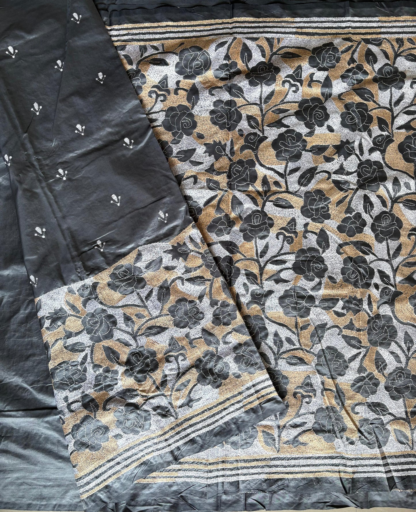 Reverse Kantha Stitch Hand Embroidered Art Silk Saree With Blouse