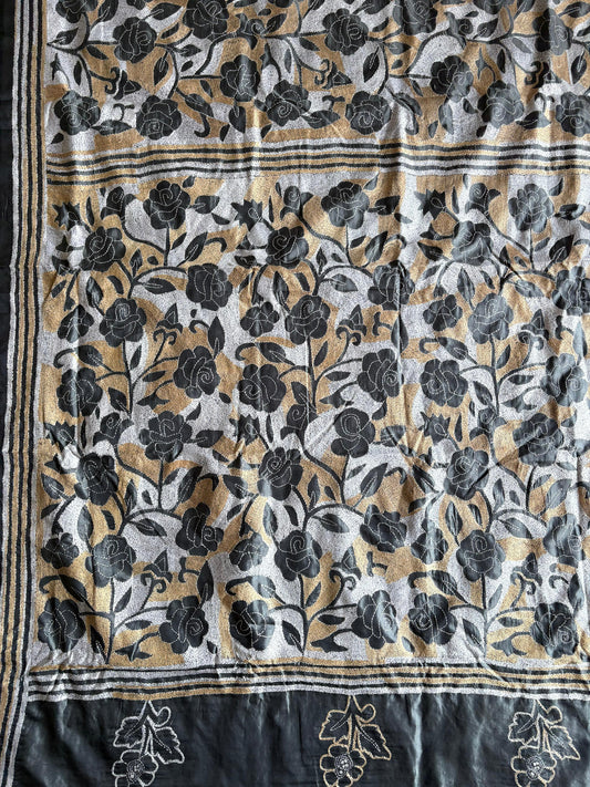 Reverse Kantha Stitch Hand Embroidered Art Silk Saree With Blouse