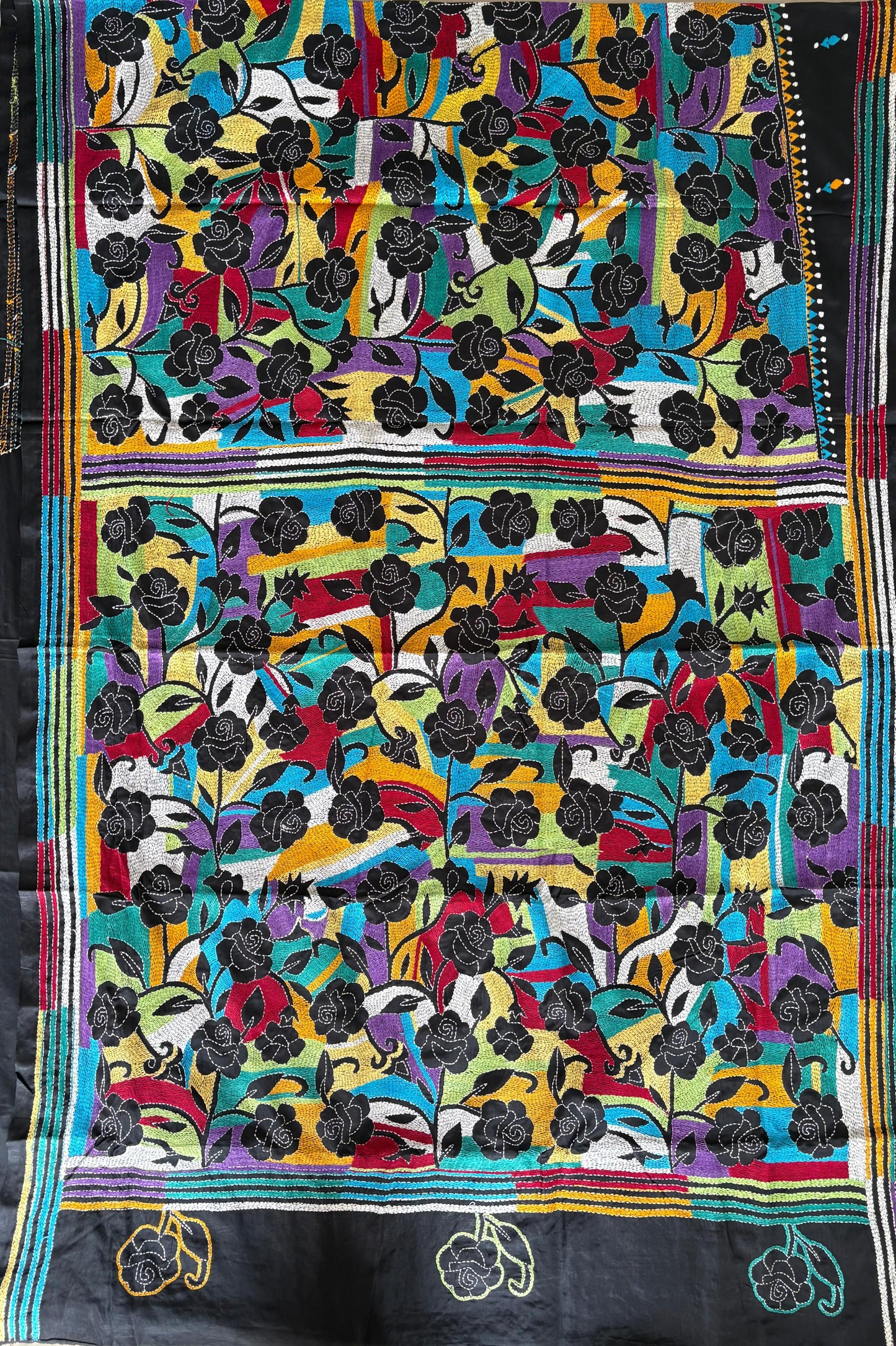 Reverse Kantha Stitch Hand Embroidered Art Silk Saree With Blouse